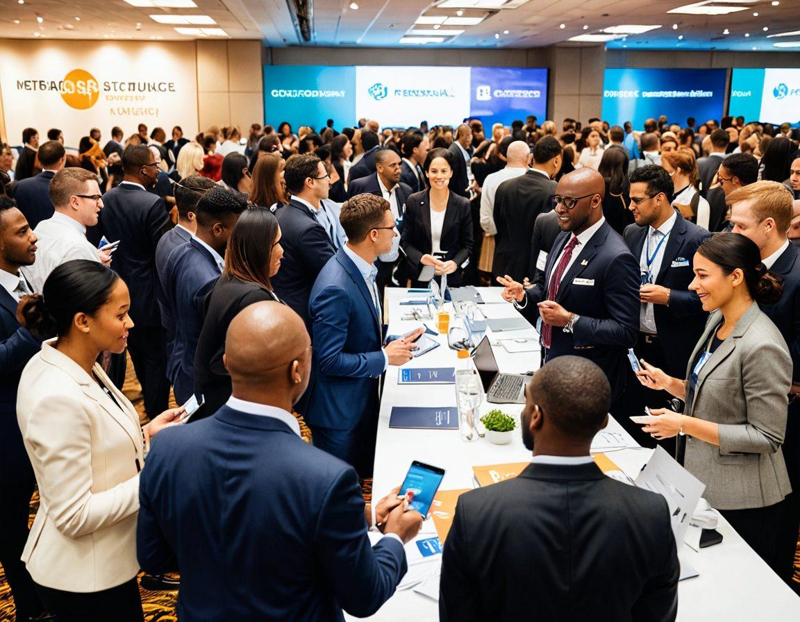 A dynamic scene showcasing a diverse group of professionals engaging in networking at a modern conference. Include elements such as name badges, business cards exchanged, and digital branding tools like laptops and smartphones in use. The background features a banner with the words 'Personal Branding' in bold, with light illuminating the interaction. Emphasize a sense of connection and collaboration. vibrant colors. super-realistic.