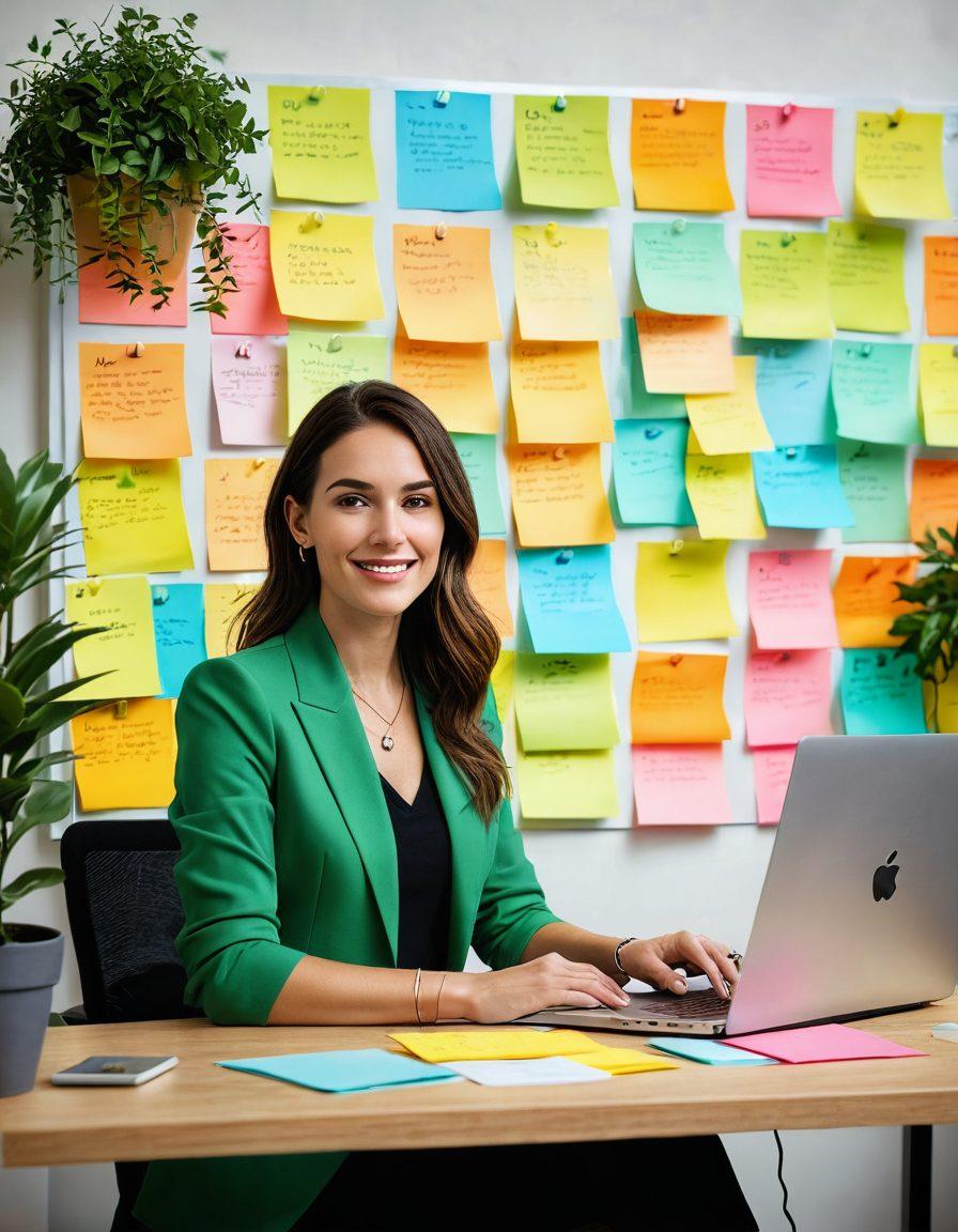 A confident job seeker sitting at a stylish desk with a laptop open, displaying a polished professional profile. Surrounding them are colorful sticky notes with tips for career advancement and a plant for a touch of positivity. The background shows a bright and modern office space with motivational quotes on the wall. The lighting is warm and inviting, capturing a sense of focus and ambition. super-realistic. vibrant colors. modern office style.