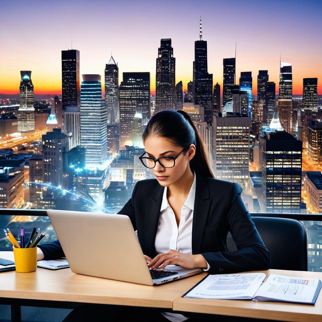 A dynamic collage featuring a confident individual reviewing a job application on a laptop, surrounded by essential career development tools like a resume, cover letter, and a motivational book. In the background, a bustling city skyline symbolizes endless opportunities. Overlaid are icons of networking and skill-building, representing strategies for success. The scene is vibrant and inspiring, conveying hope and ambition. super-realistic. vibrant colors. white background.